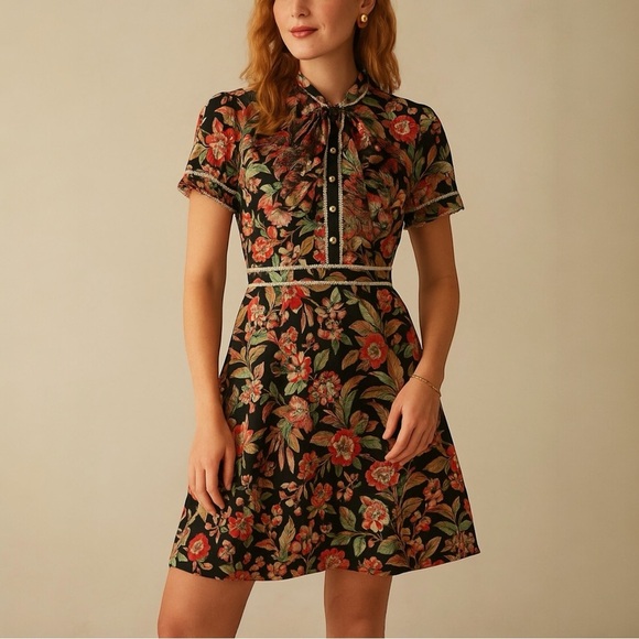 DALIA MACPHEE Short Sleeve Tie Neck Floral Mini Dress with Lace Trim - Picture 1 of 14